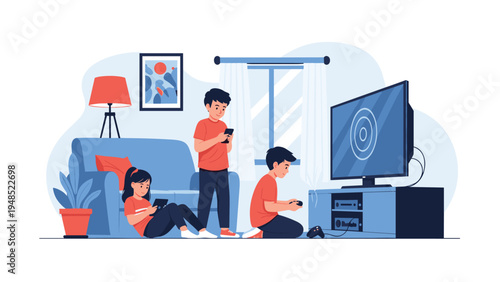 Group of children playing video games on a television and hand held consoles in a cozy living room setting at home.