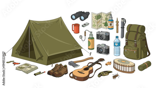 Extensive camping equipment set featuring a green canvas tent backpack boots guitar guitar map binoculars and other outdoor gear.