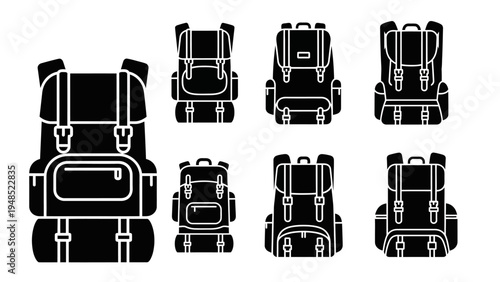 Backpack Icon Set: Hiking, Travel, and Adventure Gear Illustrations