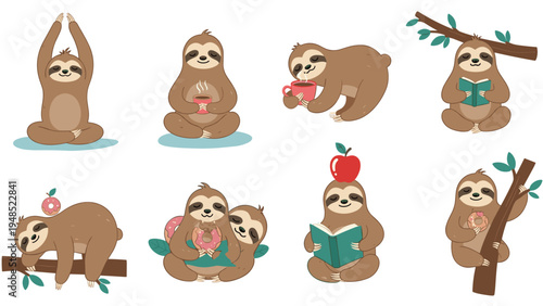 Set of cute sloths in various human like activities including doing yoga drinking coffee reading books and eating donuts on branches.