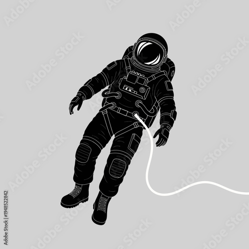 Astronaut floating in space with tether, black and white illustration