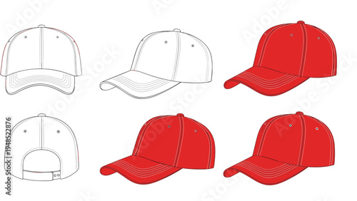 Blank red and white baseball caps from multiple angles including front side and back views for headwear mockup and apparel design.