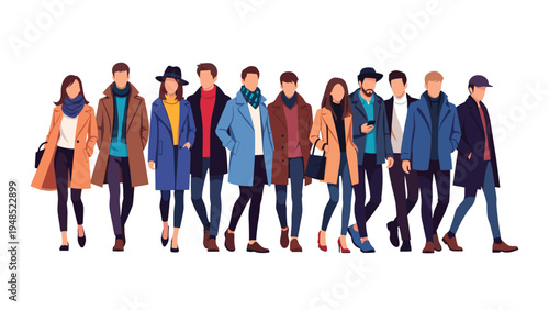 Group of diverse men and women walking forward while wearing stylish autumn and winter fashion coats against a plain white background.