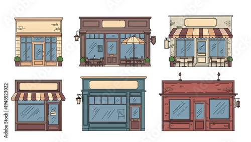 Set of six vintage storefront designs including bakeries, cafes, and retail shops with varying architectural styles and outdoor seating.