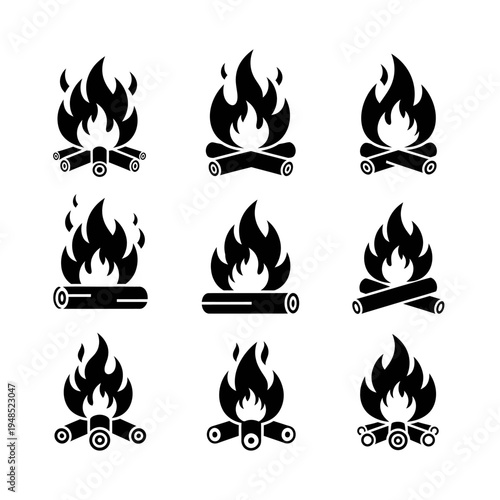 Campfire Icons Set - Bonfire and Burning Wood Symbols