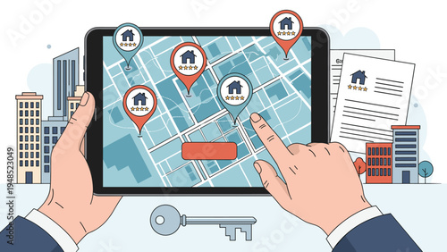 Person searching for real estate property using a mobile tablet device displaying a digital map with multiple house location pins.