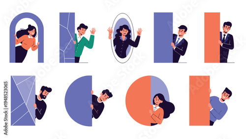 Group of professional men and women playfully peeking out from behind various blue and orange geometric shapes like circles and arches.