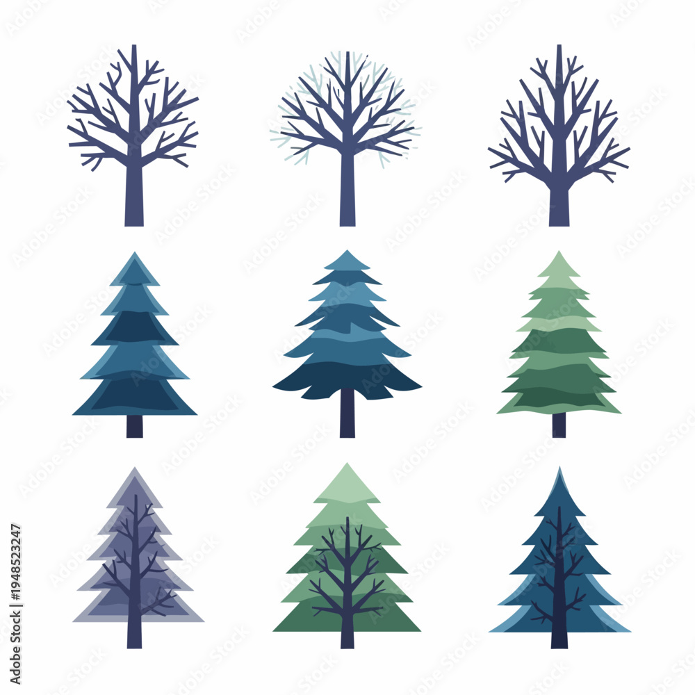 Fototapeta premium Collection of stylized winter trees, pine and bare branches, isolated on white