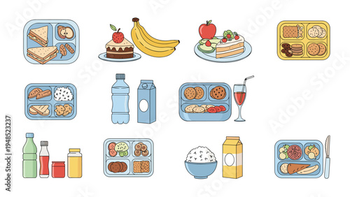 Assortment of healthy lunch box containers filled with balanced meals including sandwiches, rice, vegetables, fruits, and dairy products.