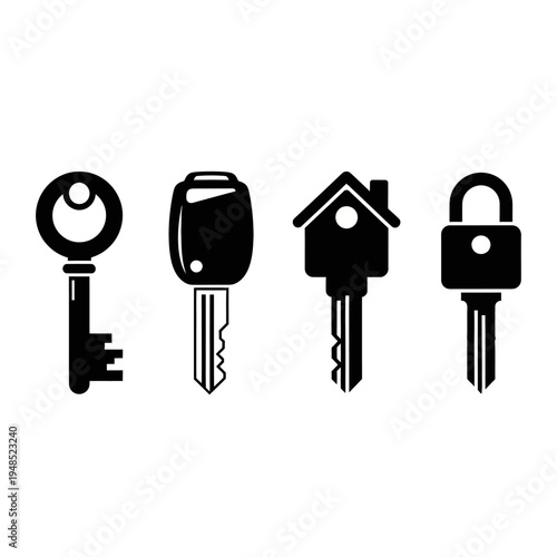 Collection of four black key silhouettes: house, lock, and traditional keys.