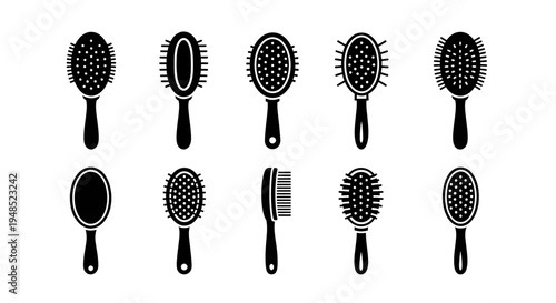 Collection of Hair Brushes Icons Set, Vector Black Silhouette