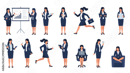 Collection of professional businesswomen characters in various poses such as presenting at a whiteboard, running, and working at a desk.