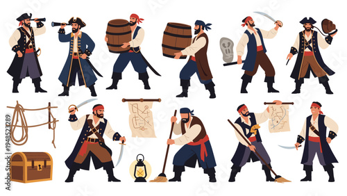 Collection of rugged pirate characters engaged in various seafaring activities like brandishing cutlasses, carrying barrels, and maps.
