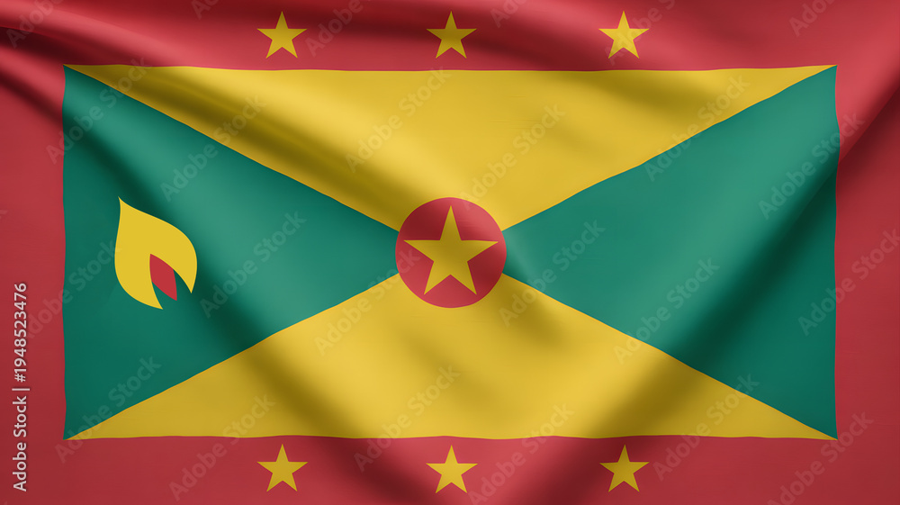Fototapeta premium Grenada's vibrant flag waving proudly, a symbol of national identity and Caribbean spirit, perfect for travel blogs or patriotic projects