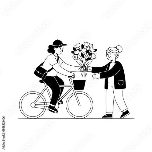 a bicycle floral courier delivers bouquet in line art illustration or illustrated flower delivery by bicycle showing bouquet handoff in black and white