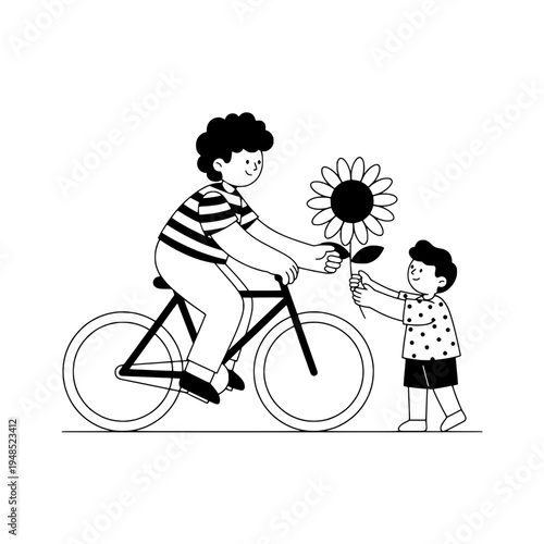 A bicycle flower delivery scene in minimalist black white line art or A cheerful sunflower exchange on a bike in clean line illustration