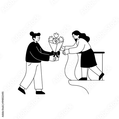 bicycle based floral courier lineart delivering bouquet for gift decor or minimalist lineart floral courier on bicycle delivering bouquet for decor