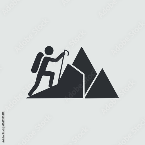 Hiker climbing mountain with backpack and pickaxe.