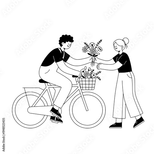 bicycle floral courier delivering a bouquet in a cheerful street scene or people exchanging flowers by bike with a blooming basket of blossoms