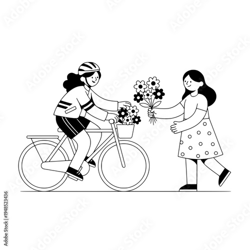bicycle floral courier illustration featuring a rider delivering flowers to a recipient or flower delivery bicycle scene showing a rider handoff bouquet to recipient