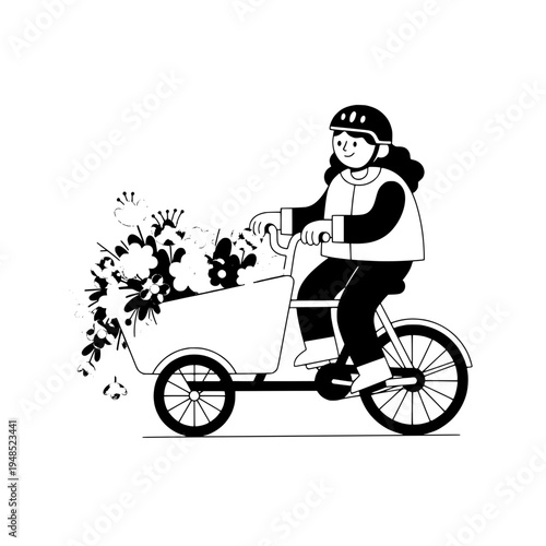bicycle floral courier front cart illustration for flower delivery branding or monochrome flower delivery bicycle art featuring a cheerful courier with cart