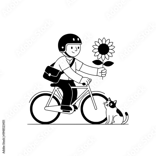 Bicycle Floral Courier Illustration Featuring a Sunflower Gift or Cyclist Delivering Sunflower on Bike in Playful Line Art Style