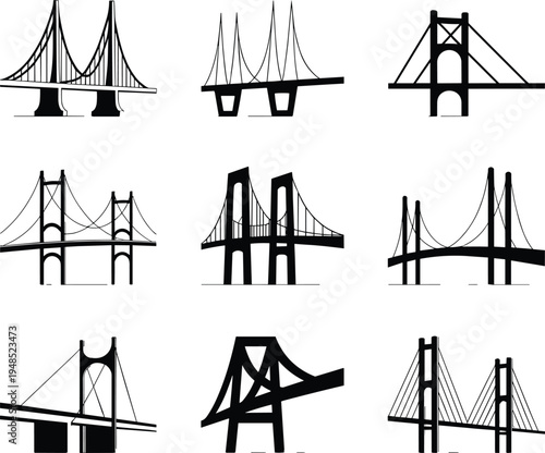 Flat vector illustration of iconic bridge designs, suspension bridges, cable-stayed bridges, architectural structures, engineering marvels, silhouette graphics, black design elements