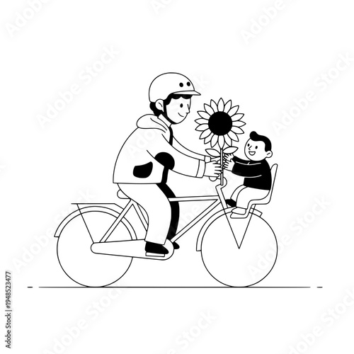 Bicycle Floral Courier Illustration Showing Sunflower Gift for Child or Sunflower Delivery on Bicycle Illustration Featuring Rider and Child
