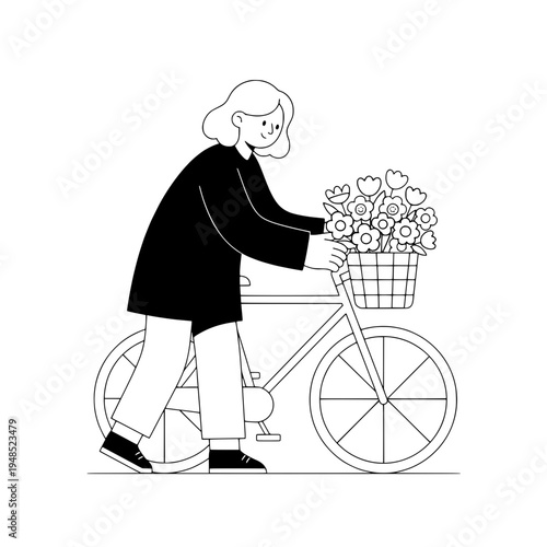bicycle floral courier line art design for eco friendly delivery branding or minimalist black and white bicycle basket flowers illustration for packaging