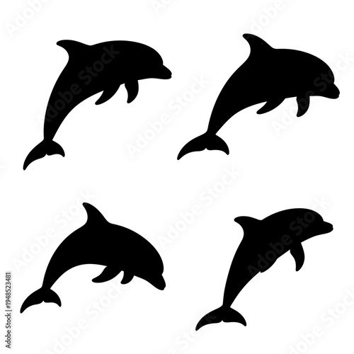 Dolphin Silhouettes - Four leaping marine mammals in black and white