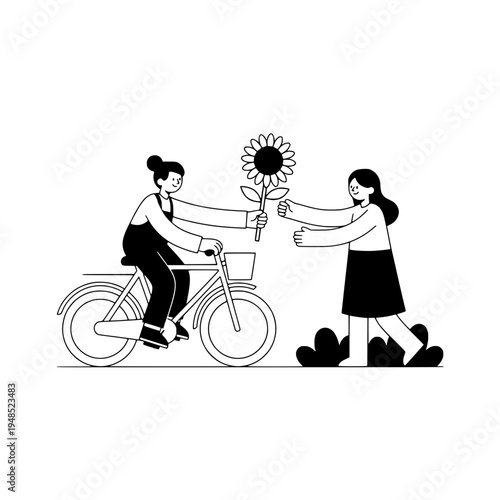 Bicycle floral courier illustration showing a rider delivering a sunflower to a waiting person or Sunflower delivery on bicycle graphic depicting two people exchanging a flower