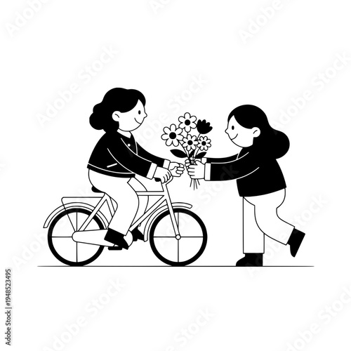bicycle floral courier line art illustration shows bouquet delivery on a friendly bike or monochrome vector scene depicts a flower delivery on a bike with cheerful helpers