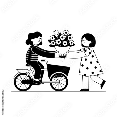 bicycle floral delivery illustration showing bouquet handover or floral courier on a bike delivering a bouquet