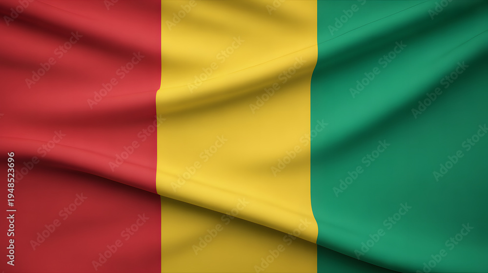 Obraz premium Dynamic flowing flag of Guinea evokes patriotism and national pride, perfect for global events, travel themes, or cultural projects, bold and vibrant