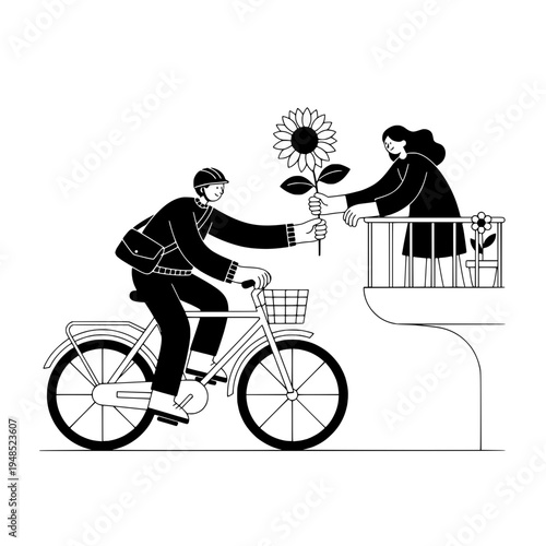 Floral bicycle courier illustration delivering flowers for decor or Monochrome line art bicycle delivery scene featuring flowers for wall art