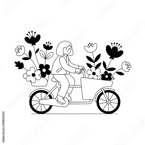 Floral bicycle courier illustration featuring blooming baskets for flower delivery branding or Flower delivery bike illustration showing a rider and lush flowers in baskets
