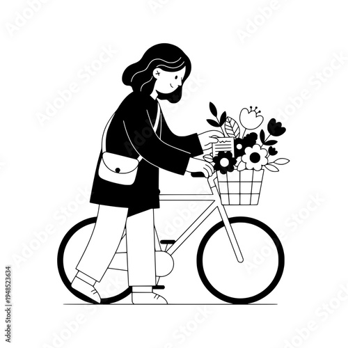 Floral bicycle courier illustration featuring a person with a flower basket in clean line art or Vector bicycle with flower basket design for floral delivery and decorative branding