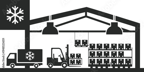 Flat vector illustration of cold storage warehouse, forklift loading pallets, refrigerated truck, logistics, inventory control, supply chain, industrial, black design