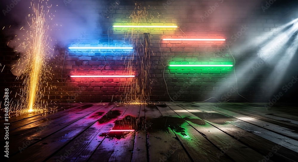 Fototapeta premium Dark room with neon lights on brick wall, sparks, smoke, and wet wooden floor