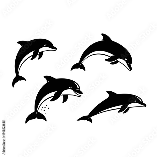 Four Black Dolphins Silhouettes Jumping and Swimming in the Ocean