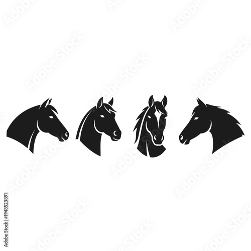 Four Black Horse Heads Silhouette Vector Illustration