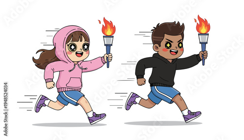 Cartoon illustration of a girl and boy running while holding lit torches in their hands against a plain white background.