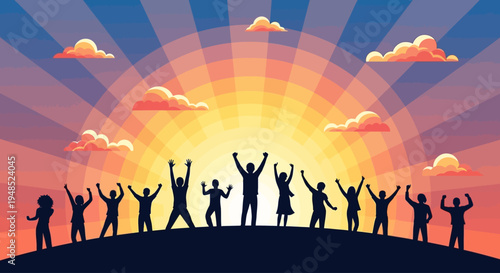 People celebrate Emancipation Day with joyful raising of hands at sunset