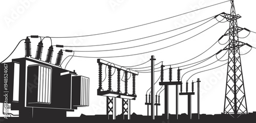 Flat vector illustration of electrical substation, power grid, high voltage lines, transformers, utility poles, industrial energy infrastructure, engineering icons