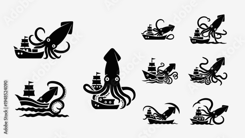 Giant Squid Attacking Ship Collection: Kraken vs Nautical Vessel Icon Set