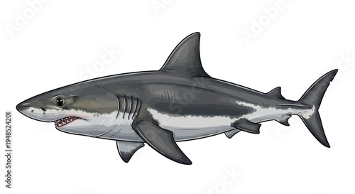 Illustration of a great white shark swimming isolated on a white background
