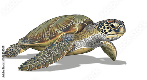 Detailed Green Sea Turtle Illustration on White Background