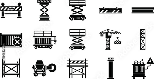 Flat vector illustration of construction equipment, scaffolding, cranes, barriers, industrial tools, site machinery, black and white icons, engineering graphics
