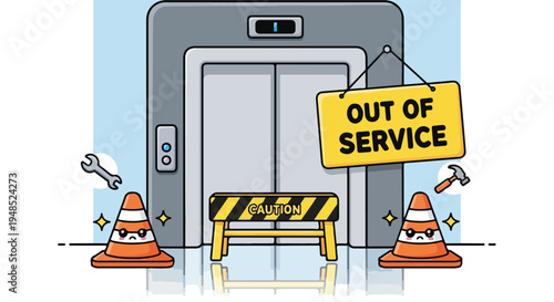 Cartoon illustration of an out-of-service elevator with traffic cones, a barricade, and tools against a plain background.
