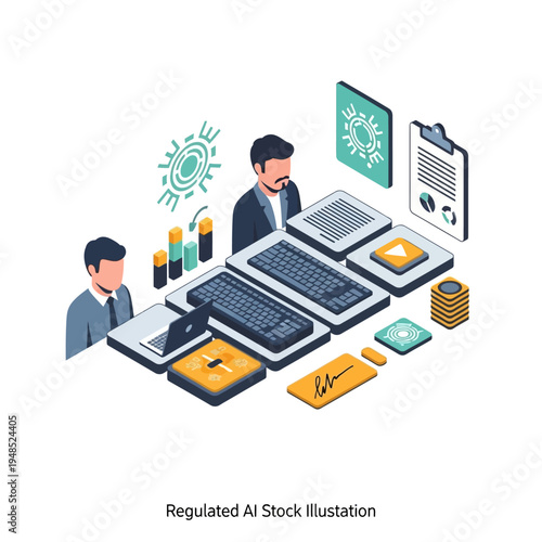 Isometric illustration depicting a business meeting focused on regulated artificial intelligence, with charts, keyboards, and technology symbols.